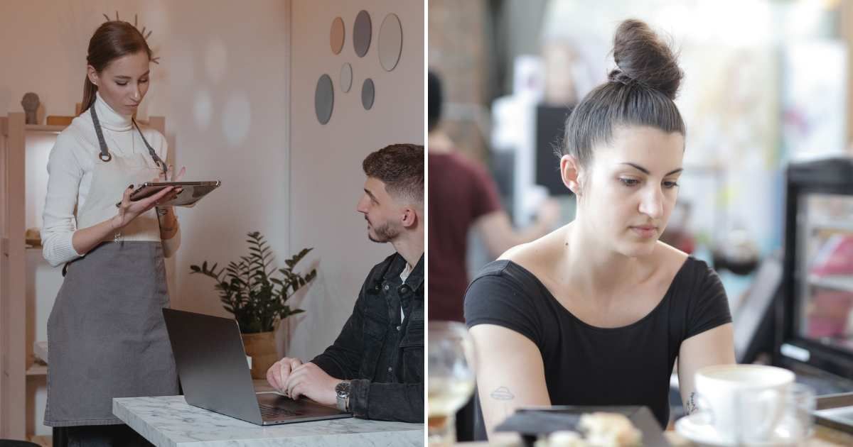 A waitress serving (L). A waitress looking upset (R)(Representative Cover Image Source: Pexels Images | Photo by Tima Miroshnichenko and Peter Chirkov)