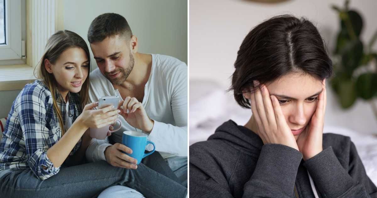 A man and woman seeing something on phone (L). A woman upset (R). (Representative Cover Image Source: Pexels Images | Photo by Vitaly Gariev and KATRIN BOLOVTSOVA)