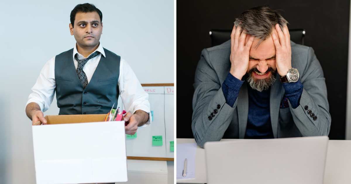 (L) Man leaving office with things. (R) Stressed man in front of laptop. (Representative Cover Image Source: Pexels | (L) RDNE Stock project, (R) Yan Krukau)