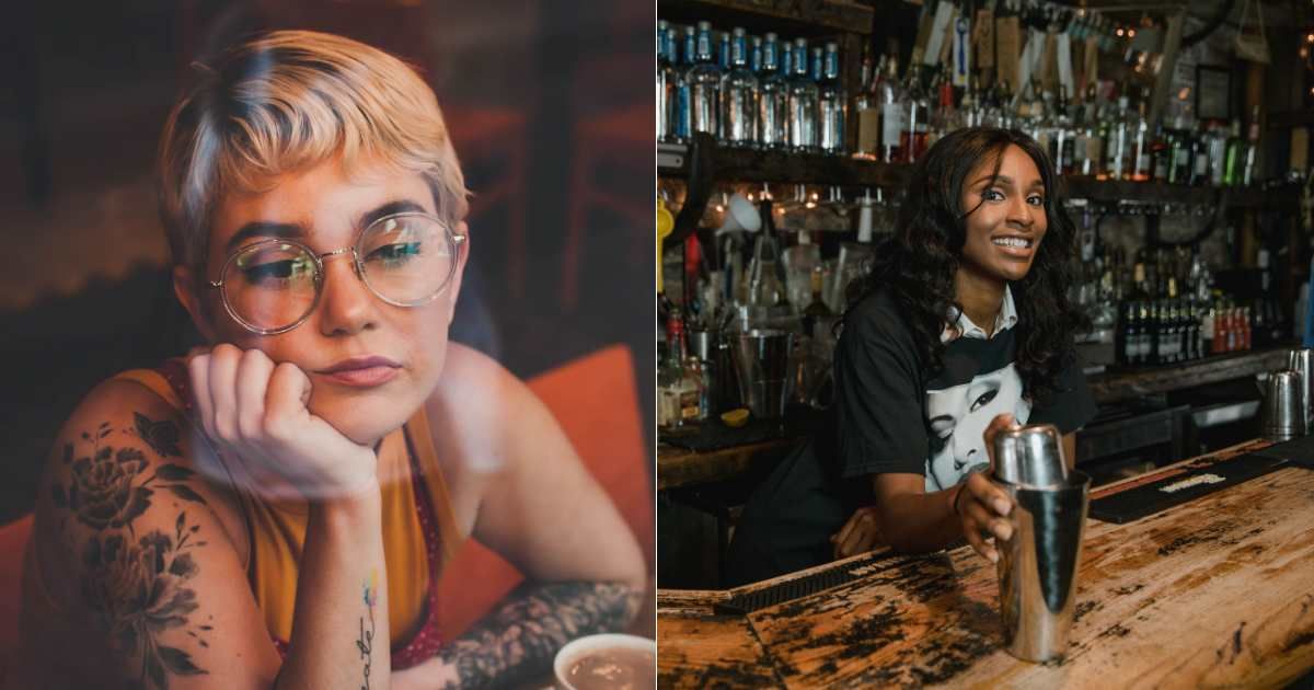 (L) A woman looks uneasy and is pondering deeply while at a restaurant. (R) A bartender is preparing a mocktail for a customer. (Representative Cover Image Source: Pexels| L - Daylane Oliveira, R - RDNE Stock Project)