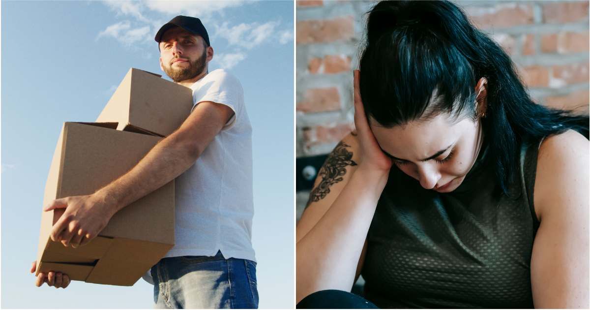 (L) A man is holding boxes while moving house. (R) A woman is emotional. (Representative Cover Image Source: Pexels| L - Artem Podrez, R - Adres Ayrton)