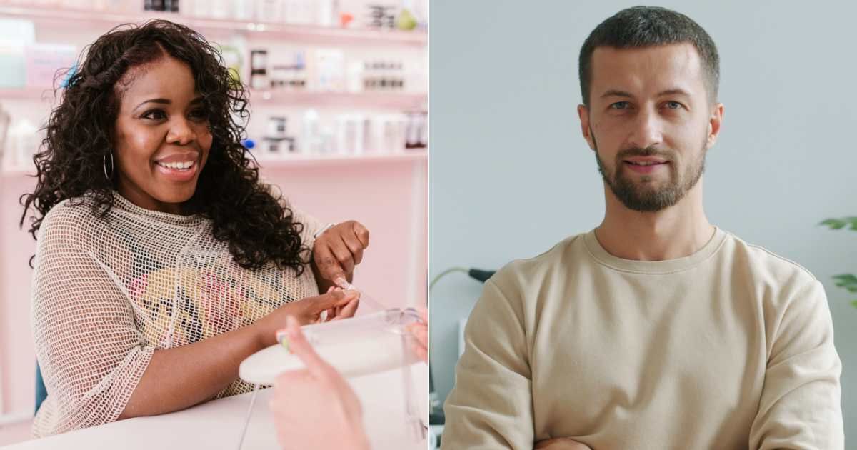 (L) A woman is getting her nails done at a salon. (R) A man smirks slyly. (Representative Cover Image Source: Pexels| L - RDNE Stock Project, R - Vitaly Gariev)
