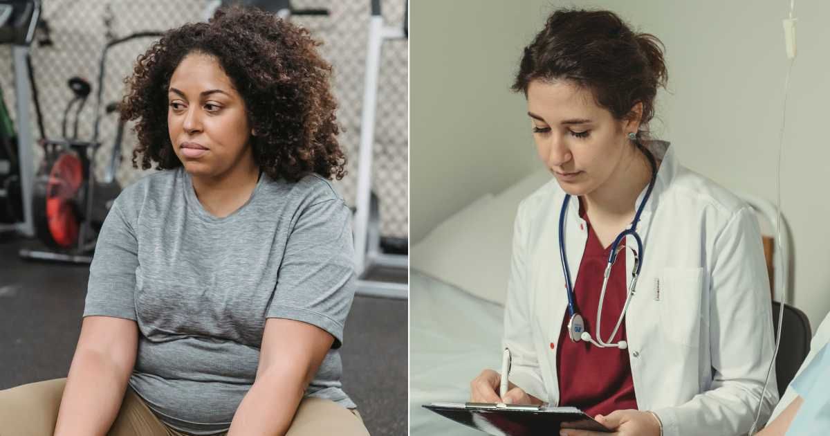 (L) A woman is struggling with belly fat. (R) A concerned doctor looks at reports. (Representative Cover Image Source: Pexels| L - Julia Larson, R - Tima Miroshnichenko)