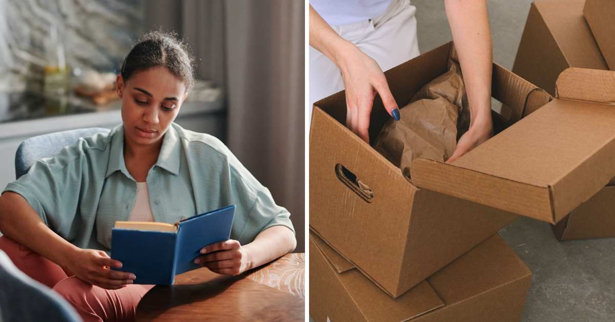 (L) Woman reading book serious face. (R) Woman packet a box. (Representative Cover Image Source: Pexels | (L) Tiger Lily, (R) SHVETS production)