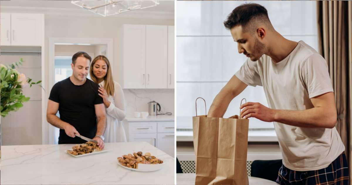 (L) Man cooking for his woman. (R) Man is unpacking takeout food (Representative Cover Image Source: Pexels | (L) RDNE Stock project, (R) Mikhail Nilov)