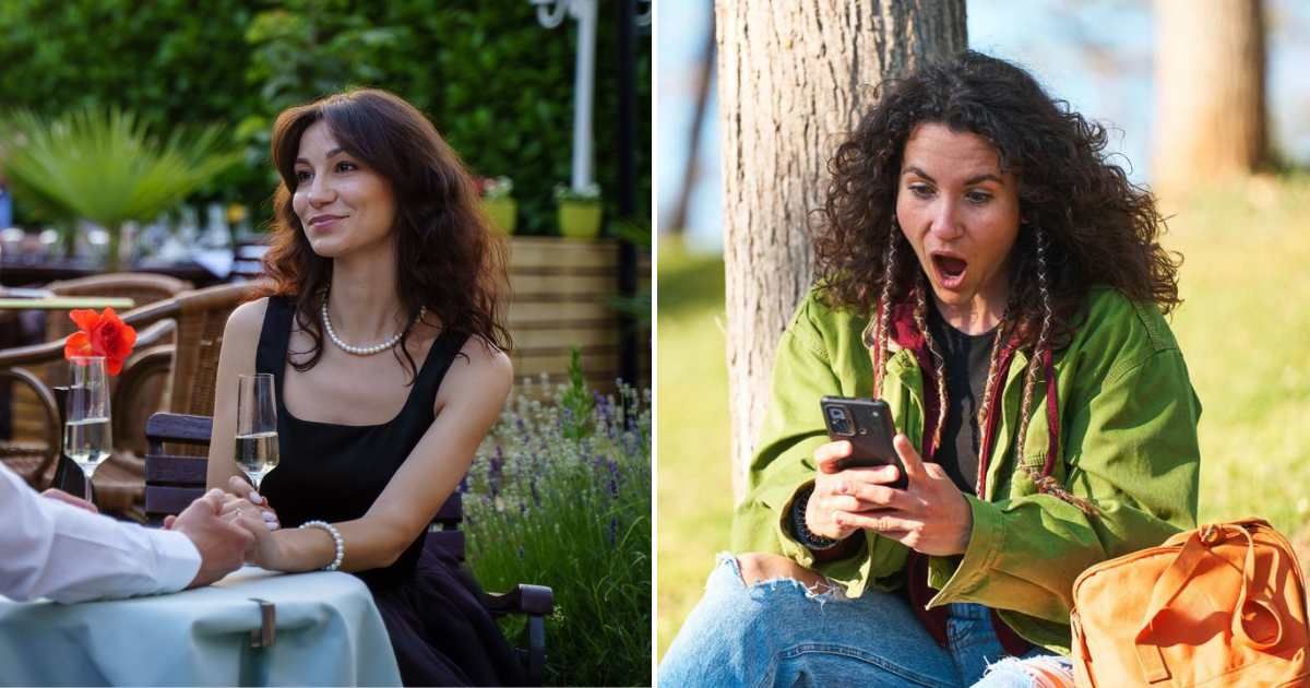 A man and a woman on a date (L). A woman shocked after reading a text (R). (Representative Cover Image Source: Pexel and Getty Images | Photo by Boris Ivas and Daniel Lozanzo Gonzalez)