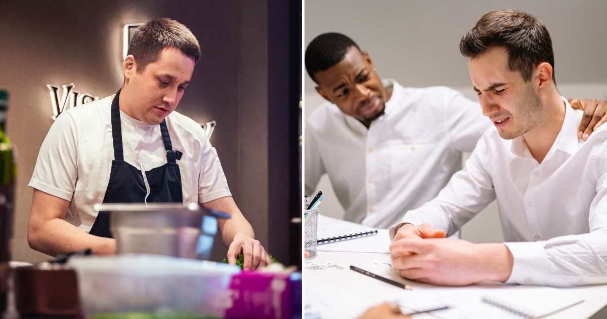 A chef cooking and looking tired (L). One man consoling another crying man (R). (Representative Cover Image Source: Pexels Images | Photo by Alex Urezkov and Yan Krukau)