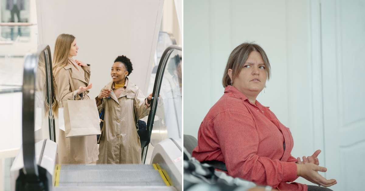 (L) Two women talking on an escalator. (R) Woman explaining something out of frustration. (Representative Cover Image Source: Pexels | (L) Gustavo Fring, (R) Tima Miroshnichenko)
