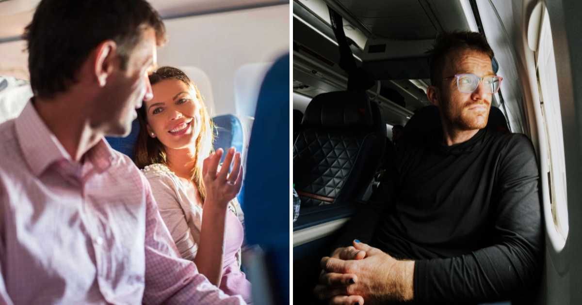 (L) Man and woman talking on a flight. (R) Man looking out the window on a flight. (Representative Cover Image Source: (L) Getty Images | Photo by BraunS, (R) Pexels | Photo by K)