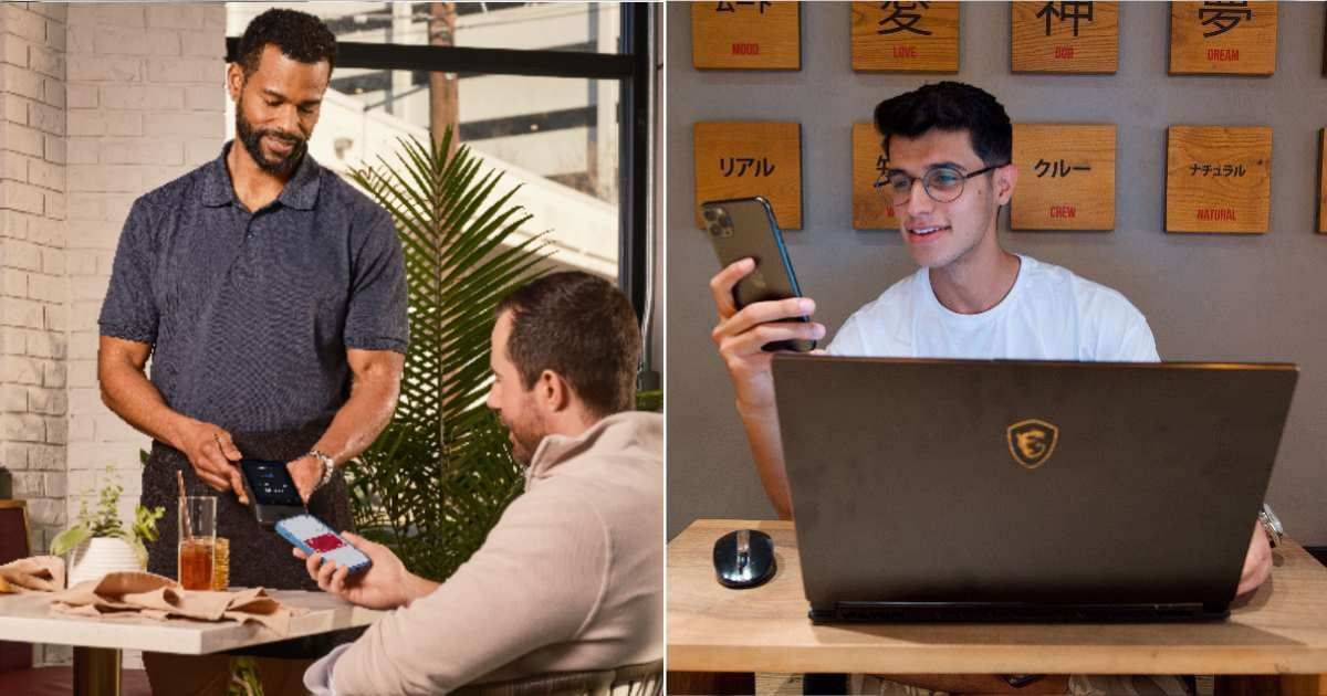 Customers making a payment at a restaurant (L). A man smirking at the laptop screen (R). (Representative Cover Image Source: Pexels Images | Photo by SpotOn POS and iam hogir)