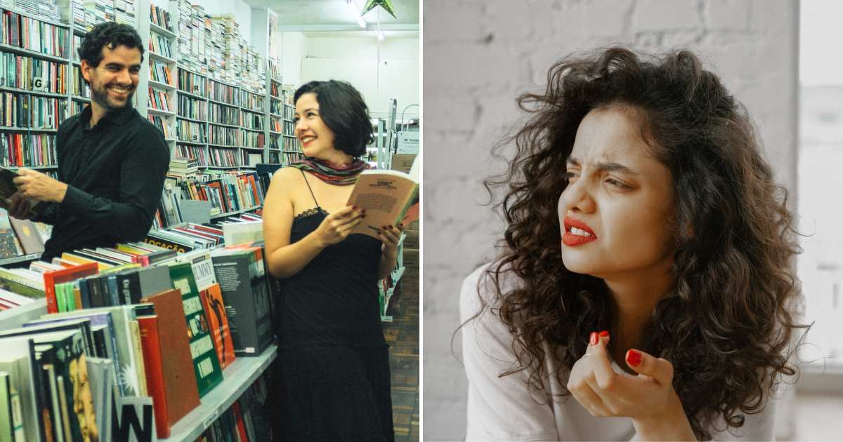 A man and a woman talking inside a bookstore (L). A woman looking angry (R). (Representative Cover Image Source: Pexels Images | Photo by Mayara Caroline Mombelli and Polina Zimmerman)