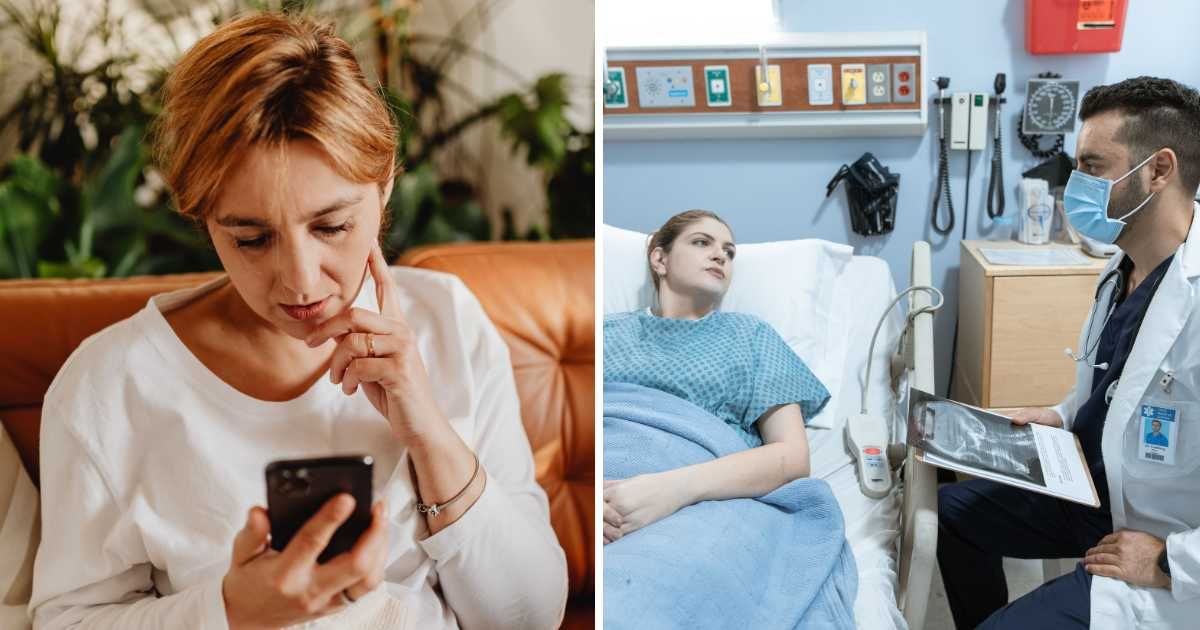(L) Woman using her phone. (R) Woman in hospital talking to doctor. (Representative Cover Image Source: Pexels | (L) www.kaboompics.com, (R) RDNE Stock project)