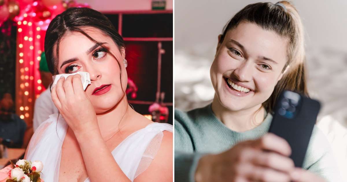 (L) A bride wiping her tears. (R) A woman smiling at her phone. (Representative Cover Image Source: Pexels | (L) Patrick Alves Fotografias, (R) Tim Samuel )