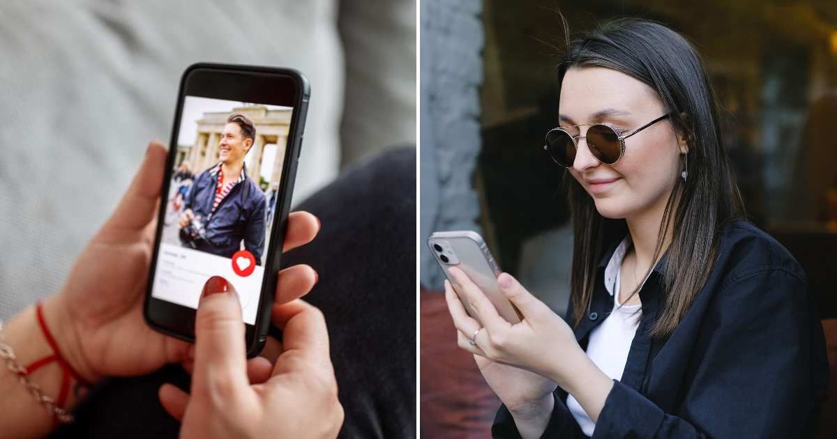 Someone is scrolling through a Tinder profile (L). A woman grinning happily at her phone (R). (Representative Cover Image Source: Getty and Pexel Images | Photo by Luis Alvarez and Anna Shvets)