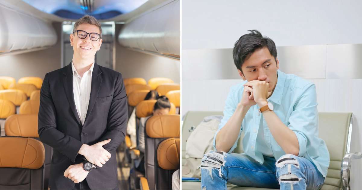 (L) A man in a blazer inside an aircraft, smiling. (R) A man at an airport is annoyed and upset.(Representative Cover Image Source: Getty Images | L - tongpatong, R - PonyWang)