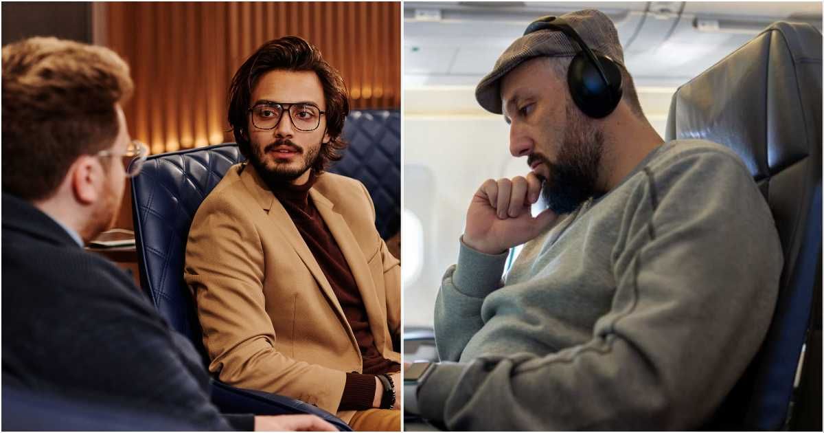 (L) A man is talking to another passenger. (R) A man is sitting in his seat during a flight, pondering. (Representative Cover Image Source: L - Pexels| Henri Mathieu-Saint-Laurent, R - Getty Images| Jasmine Merdan)