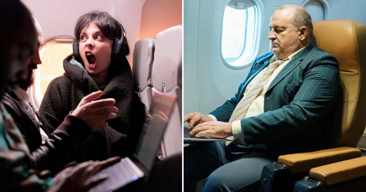 A woman angrily shouting on a plane (L). An overweight man sitting in a window seat (R). (Representative Cover Image Source: Getty Images | Photo by DC Studio and golfcphoto)