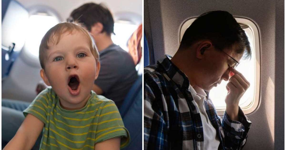(L) A child throwing tantrums on a plane. (R) A frustrated man holding his head. (Representative Cover Image Source:  Getty Images| Andrey Popov)