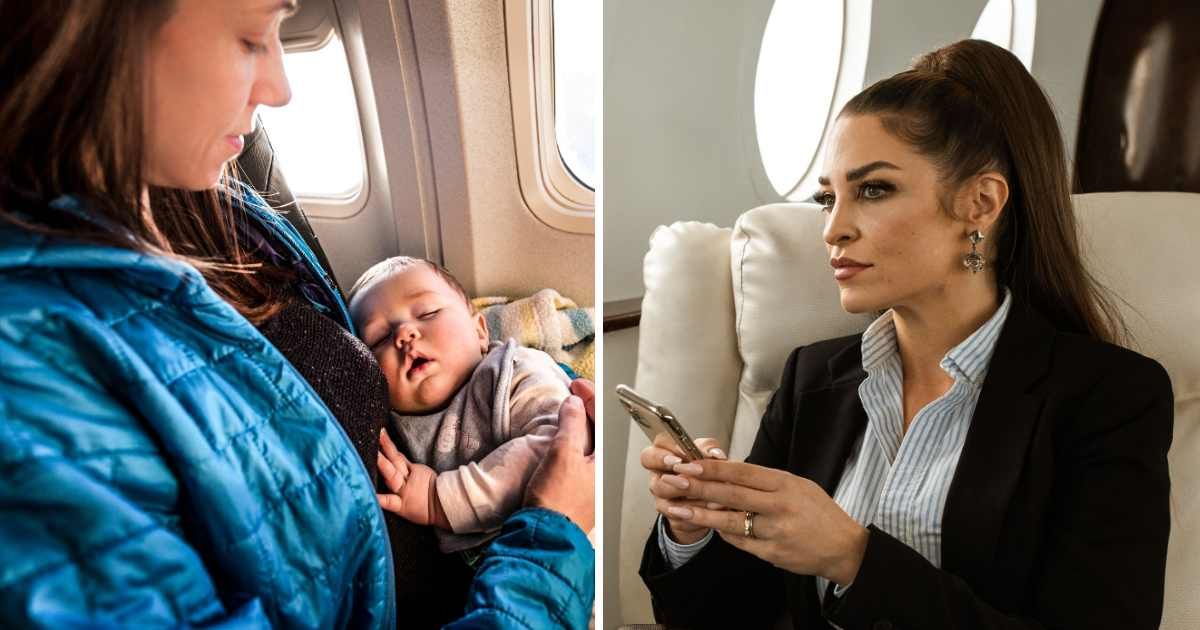 (L) A woman holding her baby in a plane. (R) A woman sitting in a plane using her phone. (Representative Cover Image Source: (L) Getty Images| Aaron Black, (R) Pexels| RDNE Stock project)