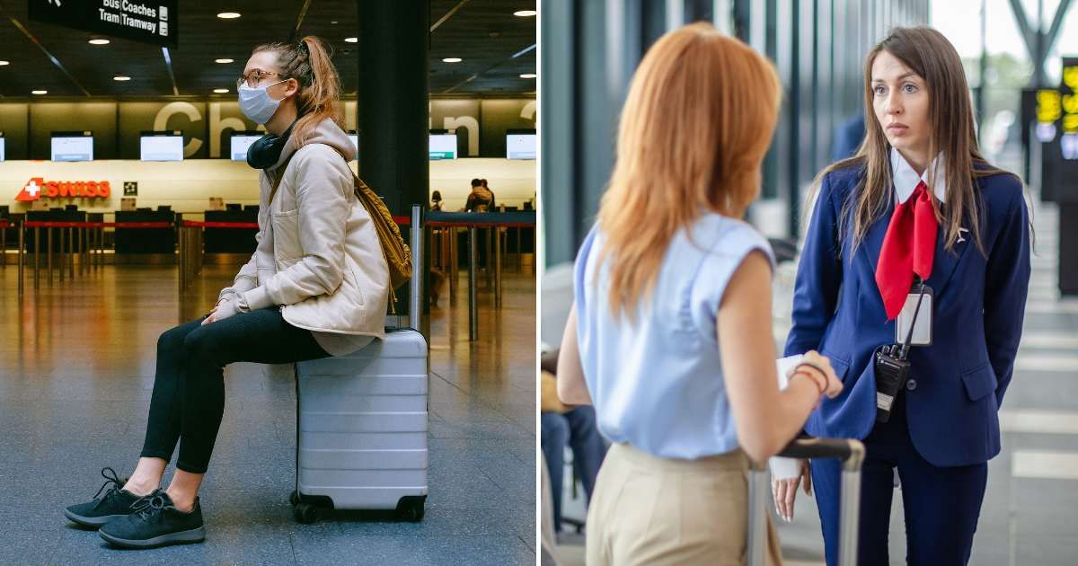 A woman stranded at the airport (L). A woman talking to an airport staff member (R). (Representative Cover Image Source: Pexels and Getty Images | Photo by Anna Shvets and South_agency)