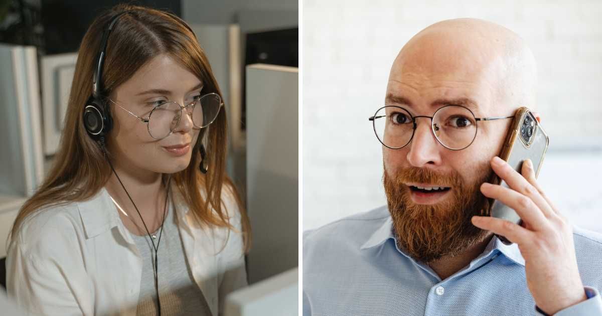 (L) Woman on call while working. (R) Shocked man on call. (Representative Cover Image Source: Pexels | (L) Tima Miroshnichenko, (R) www.kaboompics.com)