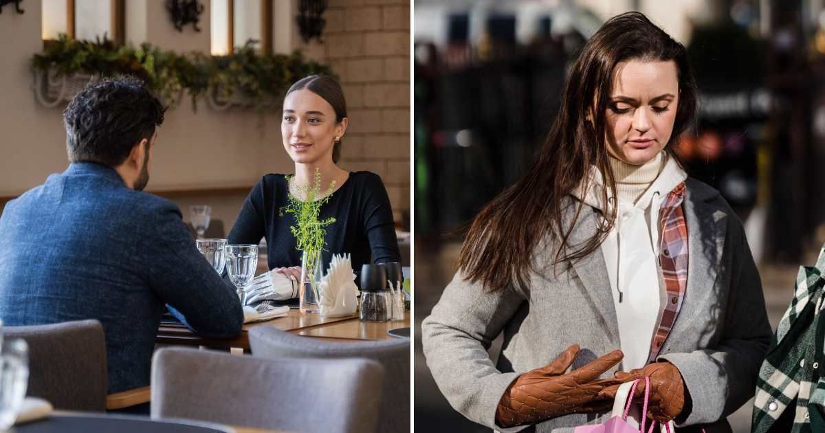 (L) A couple on a date. (R) A disappointed woman is walking away. (Representative Cover Image Source: Pexels| L - Mikhail Nilov, R - Tim Douglas)