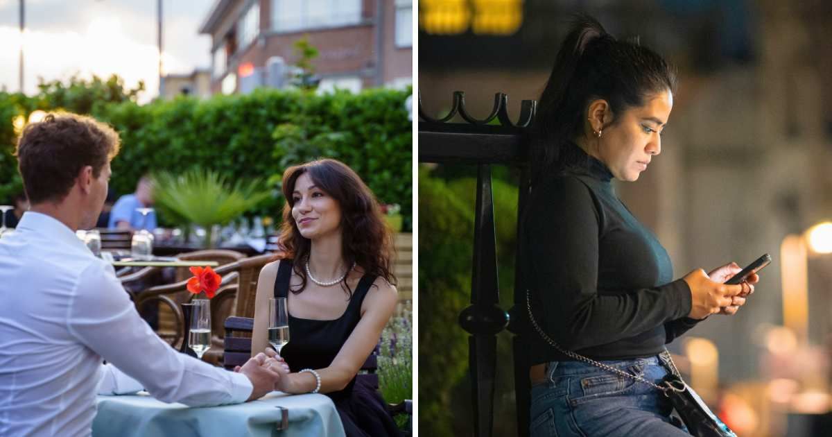 (L) Couple on a date. (R) A shocked woman looks at her phone. (Representative Cover Image Source: Pexels | (L) Boris Ivas, (R) Julio Lopes)
