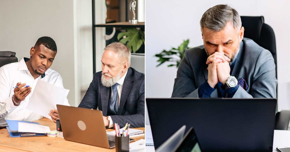 (L) An employee is explaining something to an angry boss. (R) A manager sits worried and stressed. (Representative Cover Image Source: Pexels| L  - Pavel Danilyuk, R - Yan Krukau)
