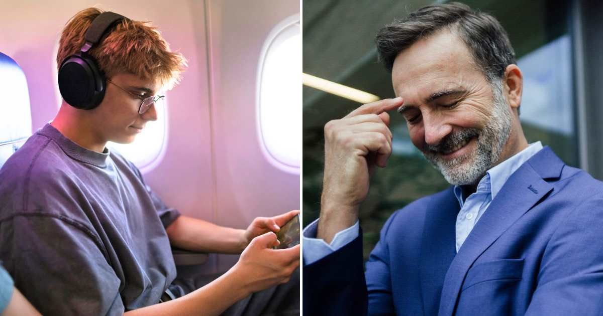 (L) A teenager sitting on the window side of the plane. (R) A man grinning to himself. (Representative Cover Image Source: Getty Images | L - Imgorthand, R - Westend61)