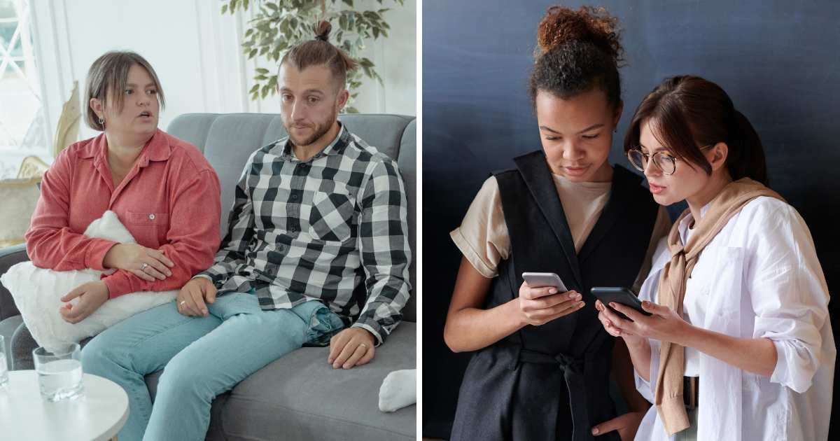 (L) Woman having a serious talk with her partner. (R) Teenagers are looking at their phones and discussing something. (Representative Cover Image Source: Pexels | (L) Tima Miroshnichenko, (R) fauxels)