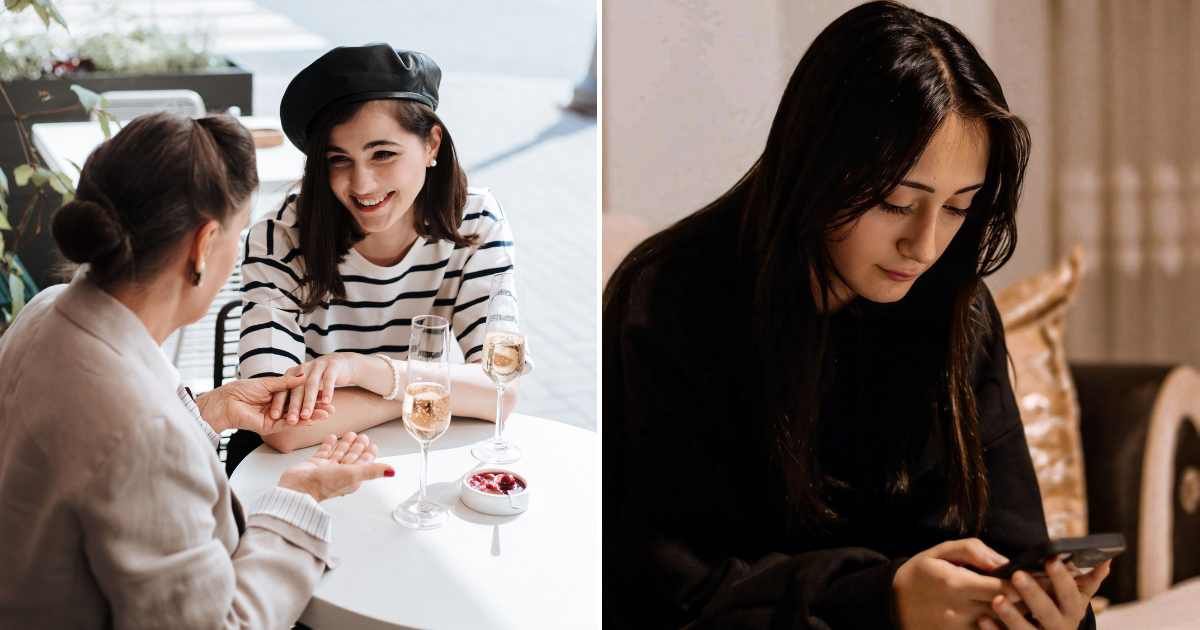 (L) A woman talking with another elderly woman. (R) A woman is looking pensively at the phone screen. (Representative Cover Image Source: Pexels| L - cottonbro studio, R - Murat IŞIK)