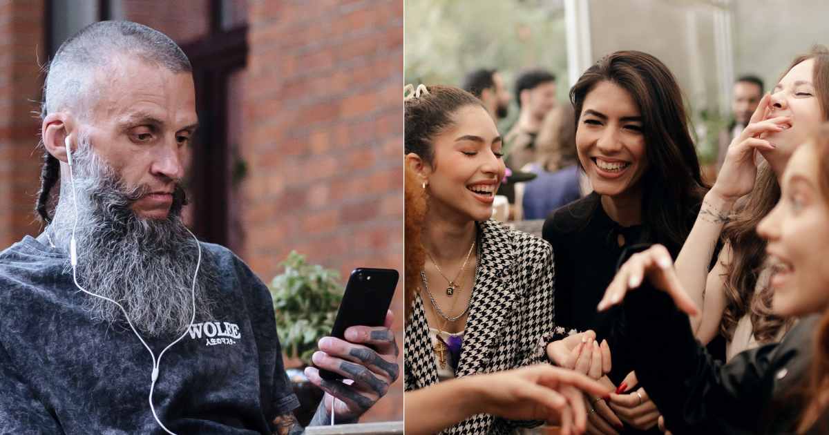 (L) A man looks distressed, using his phone. (R) A group of teenage girls is laughing. — (Representative Cover Image Source: Pexels| L - Ron Lach, R - Alexander Mass)