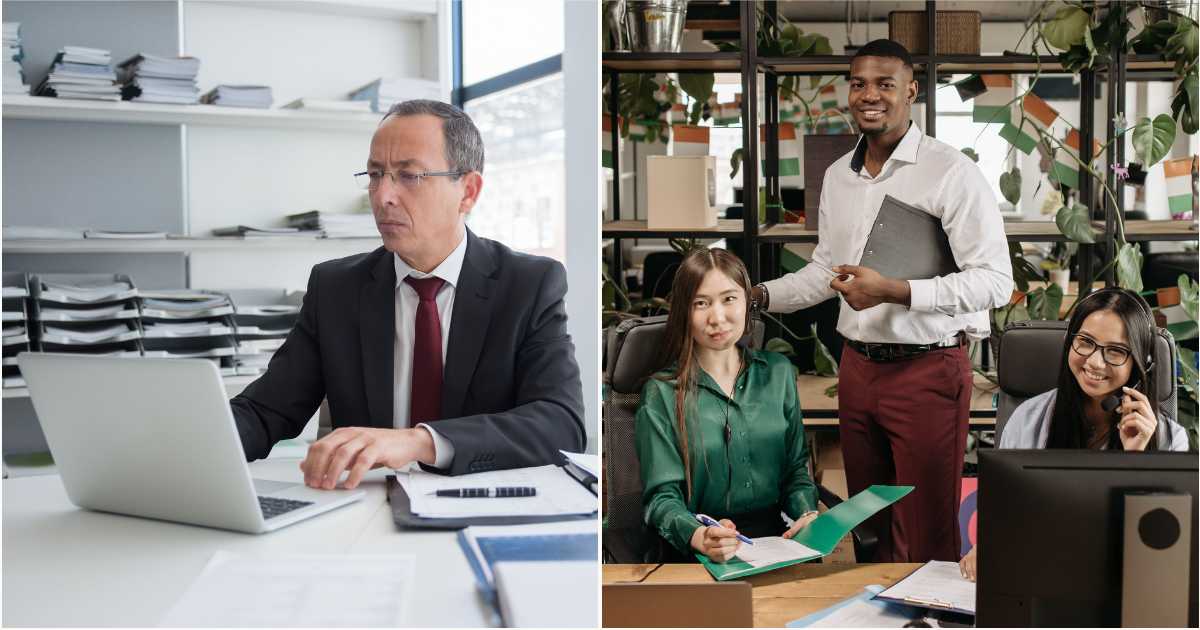 (L) A boss appears uneasy in the office. (R) Colleagues smirk while working. — (Representative Cover Image Source: Pexels| L - Kampus Production, R - Pavel Danilyuk)