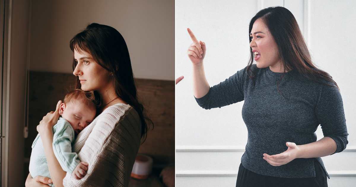 (L) A mom looks upset while holding her baby. (R) A woman is yelling angrily. — (Representative Cover Image Source: Pexels| L - Helena Lopes, R - Javaistan)