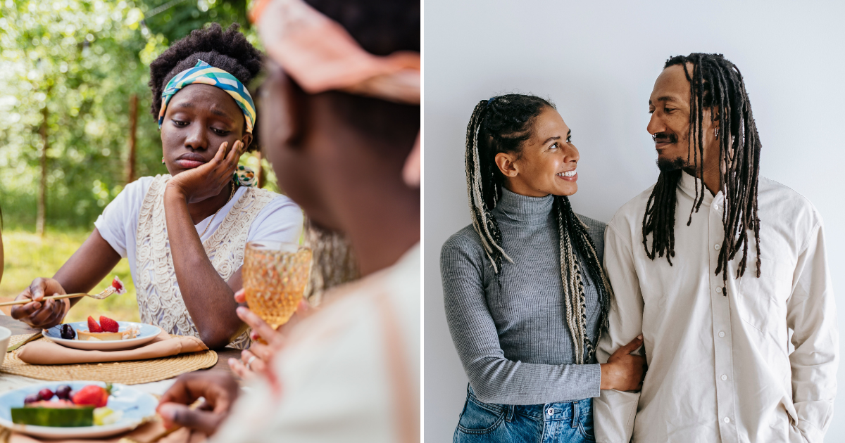 A woman looking upset (L). A couple adoringly smiling (R). (Representative Cover Image Source: Pexels Images | Photo by Alex Green and AI25.Studio AI GENERATIVE)