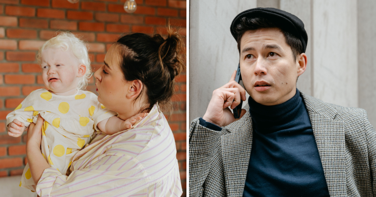 (L) Mom holding crying baby. (R) Stunned man on call. (Representative Cover Image Source: Pexels | (L) www.kaboompics.com, (R) MART PRODUCTION)