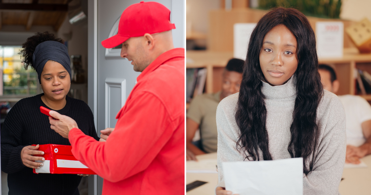 (L) A woman taking a package. (R) A woman in upset and disappointed. (Representative Cover Image Source: Pexels| L - Kampus Production, R - Kindel Media)