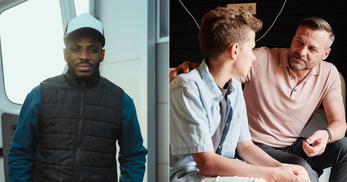 (L) A delivery man looks emotional. (R) A dad looks serious as he talks to son. (Representative Cover Image Source: Pexels| L - Tima Misohnichenko, R - Julia Cameron)
