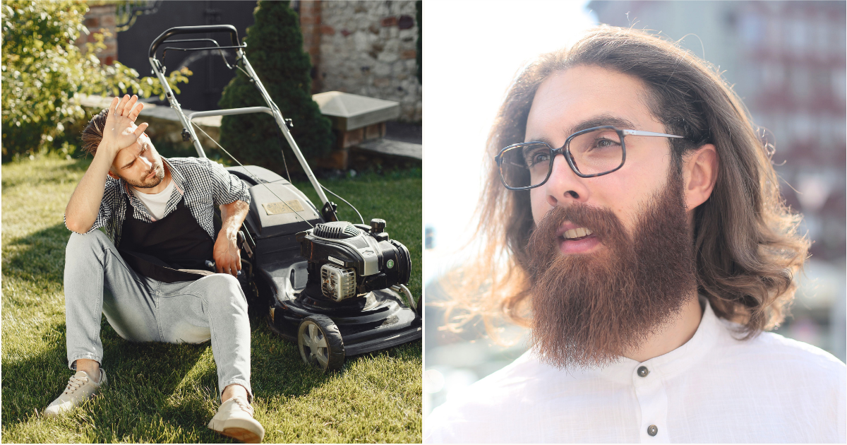 (L) Exhausted man relaxes after mowing the lawn. (R) A man smirks in disbelief. (Representative Cover Image Source: Pexels | (L) Gustavo  Fring, (R) Andrea Piacquadio)