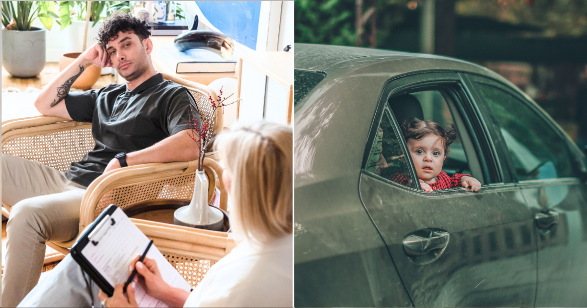 A man looking disinterested at a therapist's office (L). Infant in a car (R). (Representative Cover Image Source: Pexels Images | Photo by Timur Weber and Yakup Polat)