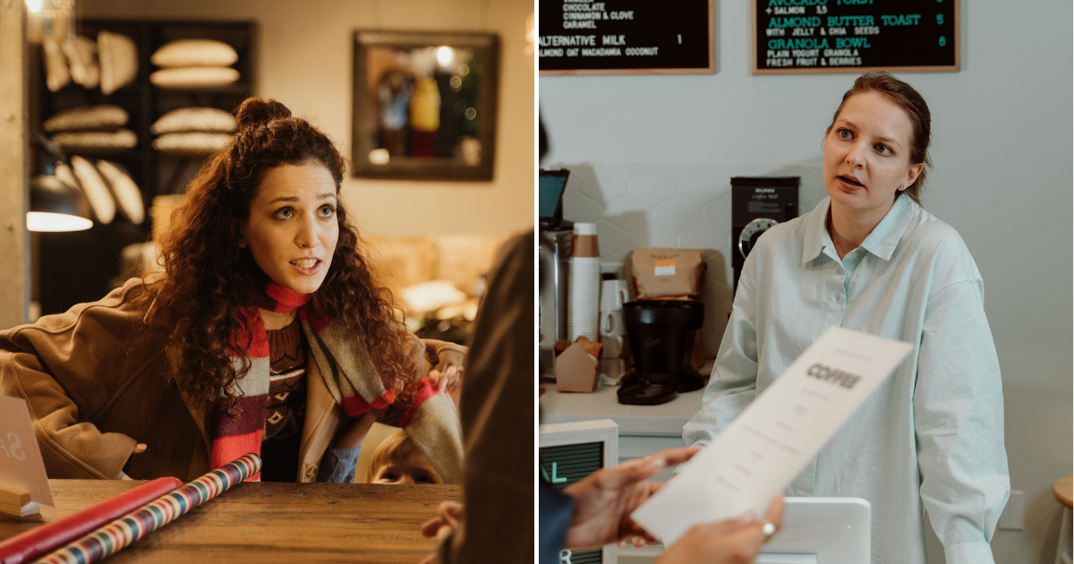  An entitled and angry customer speaking to someone at a counter (L). A store cashier looking angry and irritated (R). (Representative Cover Image Source: Pexels Images | Photo by cottonbro studio and RDNE Stock project)