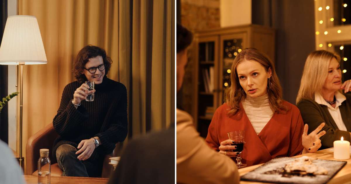 (L) Man with glass of water in hand smiling at someone. (R) Woman in a gathering explaining something. (Representative Cover Image Source: Pexels | (L) cottonbro studio, (R) Nicole Michalou )