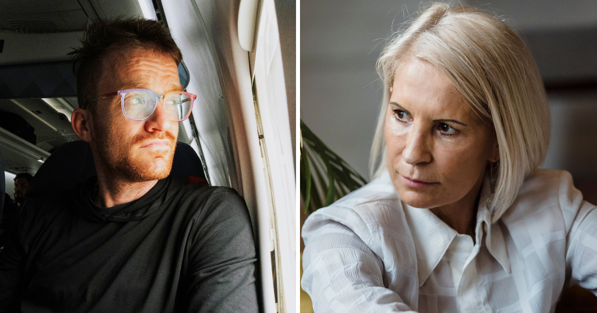(L) Man looking outside plane window. (R) A woman looks shocked and focused. (Representative Cover Image Source: Pexels | (L) K, (R) Timur Weber)