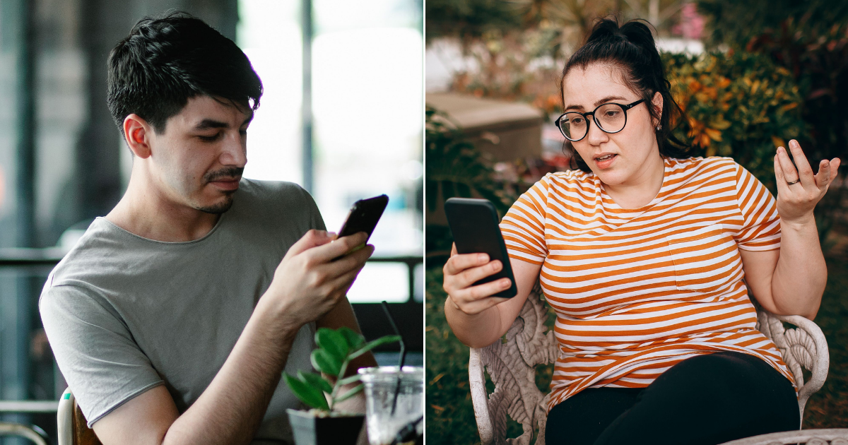 (L) A man looks frustrated as he texts. (R) A woman looks disappointed while texting. (Representative Cover Image Source: Pexels| L - George Pak, R - Helena Lopes)