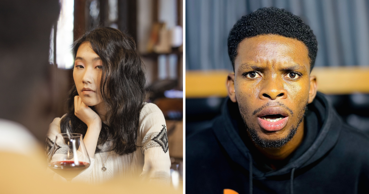 (L) Asian woman on date. (R) Shocked man. (Representative Cover Image Source: Pexels | (L) cottonbro studio, (R) Obi Craze)