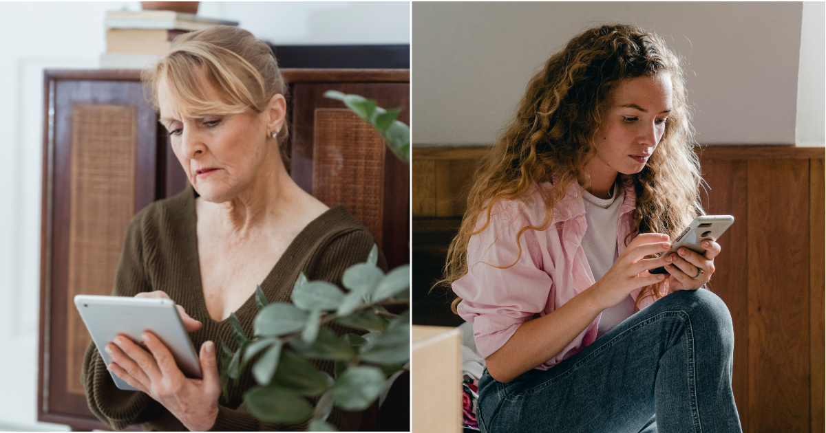 (L) A middle-aged woman is looking at her iPad. (R) A woman looks shocked at her phone. (Representative Cover Image Source: Pexels| L - Teona Swift, R - Ketut Subiyanto)