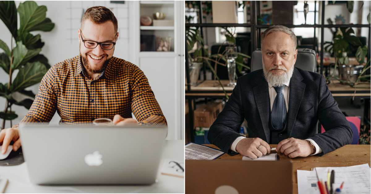 (L) A man is laughing while doing something on a laptop. (R) A boss looks angry. — (Representative Cover Image Source: Pexels| L - Kaboompics, R - Pavel Danilyuk)