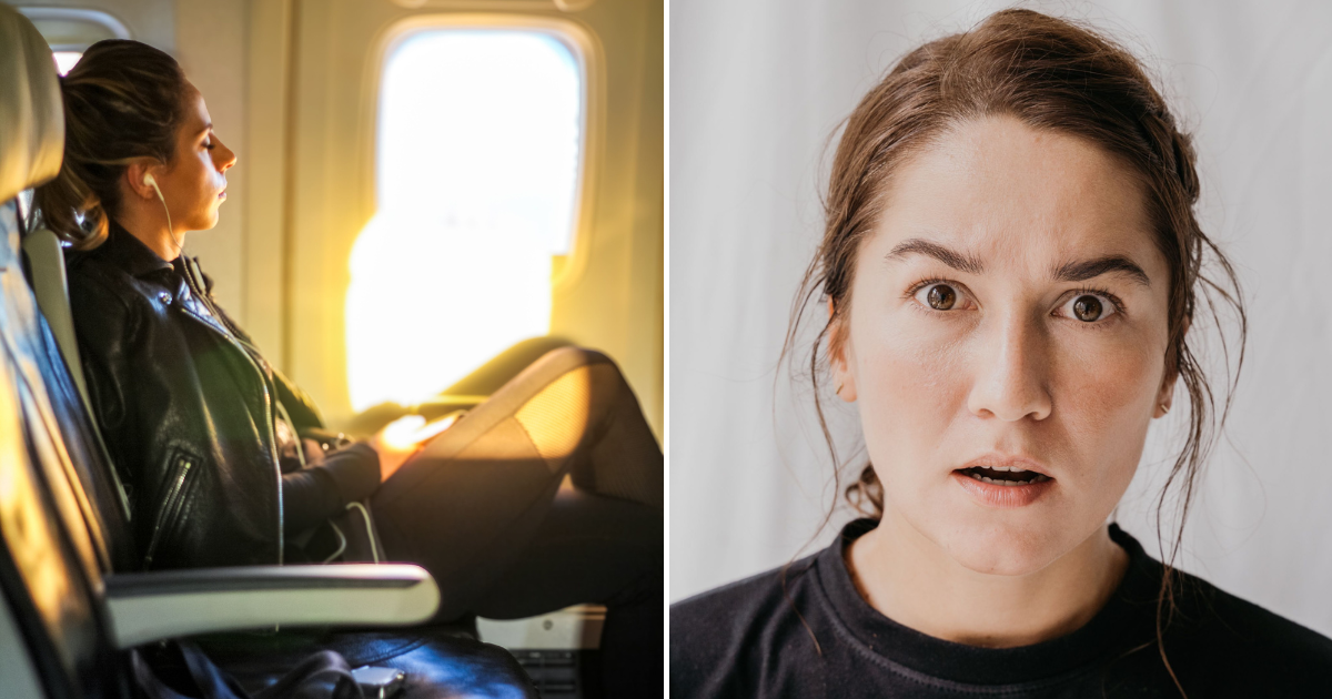 (L) A woman is relaxed in her seat during a flight. (R) A woman looks shocked and disappointed. (Representative Cover Image Source: Pexels| L - Richard Harris, R - Anna Tarazevich)