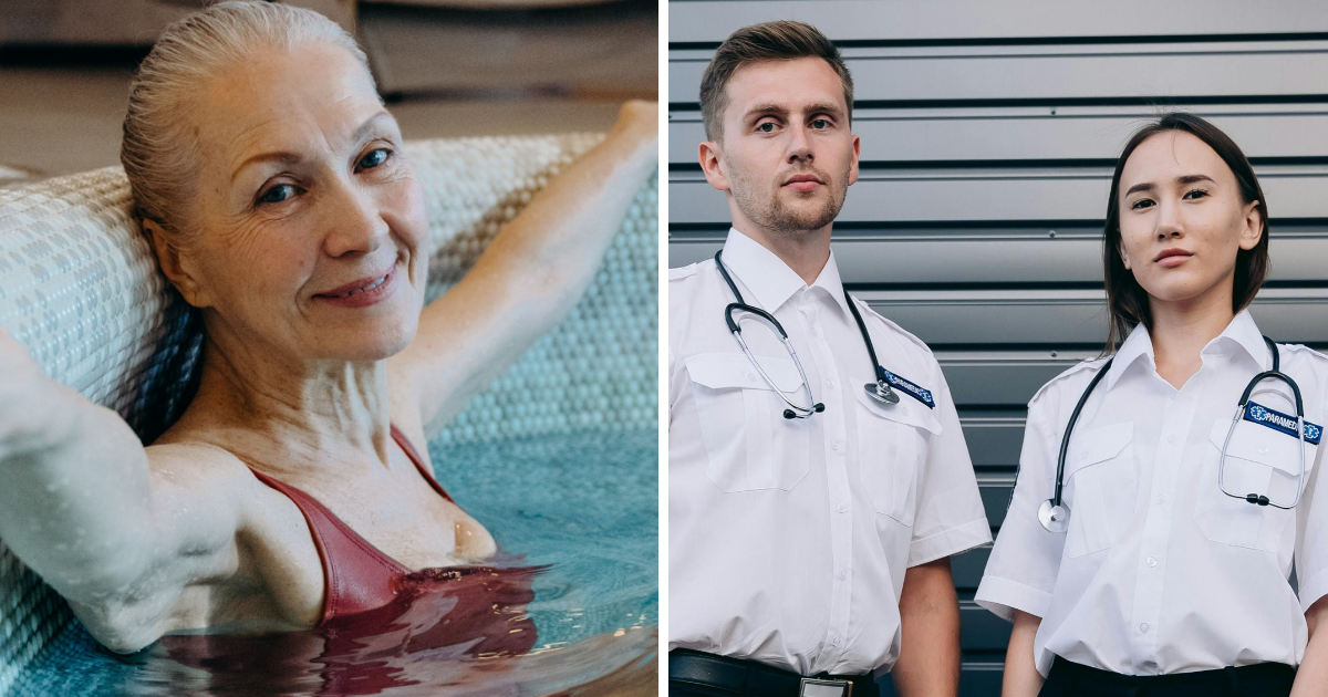 (L) Old woman in a bathtub. (R) Paramedics look concerned and shocked. (Representative Cover Image Source: Pexels | (L) cottonbro Studio, (R) Mikhail Nilov)