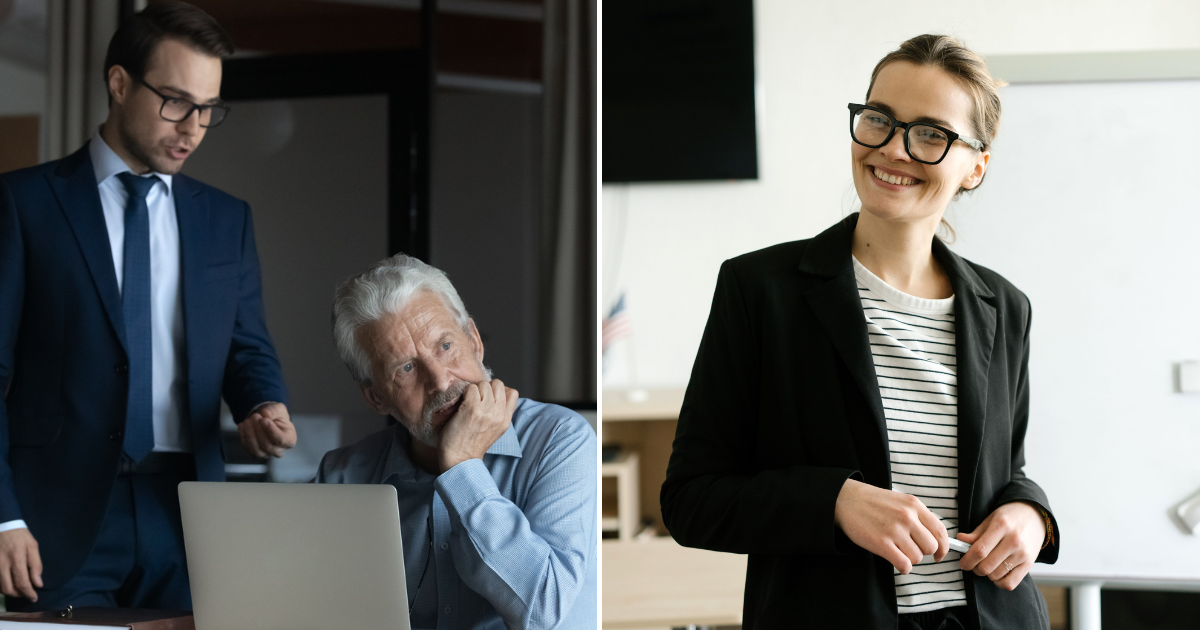 A boss scolding their elderly employee (L). A woman in a suit, grinning (R). (Representative Cover Image Source: Getty and Pexel Images | Photo by fizkes and Mikhail Nilov )